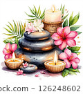 illustration: spa setting with smooth stones, lit candles, bright flowers, on white background. 126248602