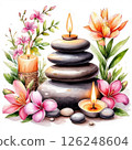 illustration: spa setting with smooth stones, lit candles, bright flowers, on white background. 126248604