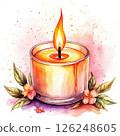 Watercolor illustration of aromatic candle, flowers around on white background. 126248605