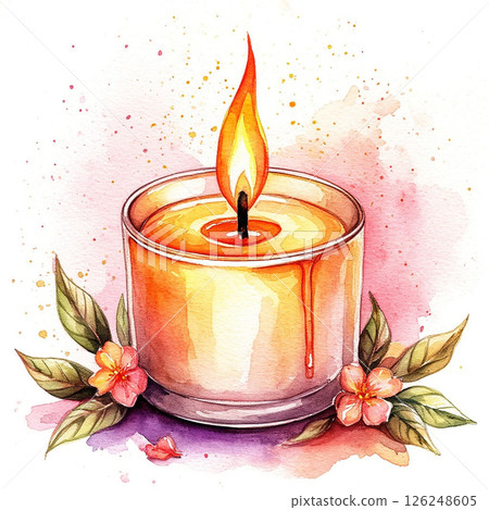 Watercolor illustration of aromatic candle, flowers around on white background. 126248605