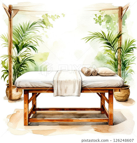 Watercolor illustration: A cozy spa room featuring a massage table  126248607
