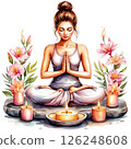 A young woman practicing yoga flowers and candles. Watercolor illustration on white background 126248608