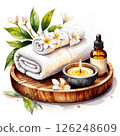Watercolor illustration: spa setting with smooth stones, lit candles, bright flowers  126248609
