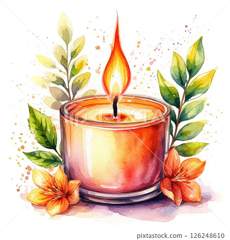 Watercolor illustration of aromatic candle, flowers around on white background. 126248610