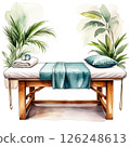 Watercolor illustration: A cozy spa room featuring a massage table  126248613