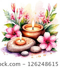 Watercolor illustration: spa setting with smooth stones, lit candles, bright flowers. 126248615
