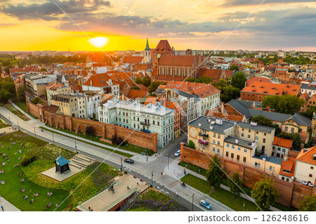 Aerial panoramic view of historical buildings and roofs in Polish medieval town Torun 126248616