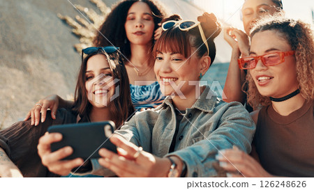 Selfie, friends and women in city, fashion and profile picture with happiness, youth culture and urban town. Outdoor, people and group in street, confidence or swag with diversity together or smile Selfie, friends and women in city, fashion and profile picture with happiness, youth culture and urban town. Outdoor, people and group in street, confidence or swag with diversity together or smile 126248626