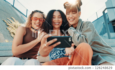 Selfie, group and women in city, smile and profile picture with happiness, fashion and youth culture. Outdoor, happy people and friends with digital app, influencer or memory with diversity together 126248629