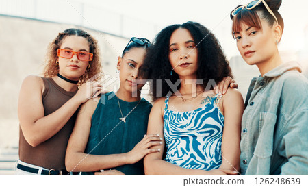 Portrait, friends and city for fashion with streetwear, edgy clothes and confident women. Cool, group and girls outdoor with trendy sunglasses, urban outfit and serious with gen z style for swag 126248639