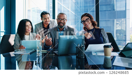 Laptop, smile and business people in office, financial success and teamwork with stock market. Group, computer pr employees in workplace, profit growth or budget report for company revenue or excited 126248685