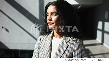 Thinking, employee and woman with ambition, business or ideas for career growth in corporate company. Inspiration, contemplating and person with vision for opportunity, calm or underwriter with pride Thinking, employee and woman with ambition, business or ideas for career growth in corporate company. Inspiration, contemplating and person with vision for opportunity, calm or underwriter with pride 126248700