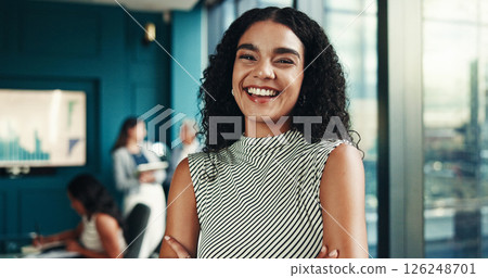 Business, meeting and woman with portrait in office for financial presentation, budget review and career pride. Finance analyst, employee and happy in boardroom for funding pitch or corporate seminar 126248701