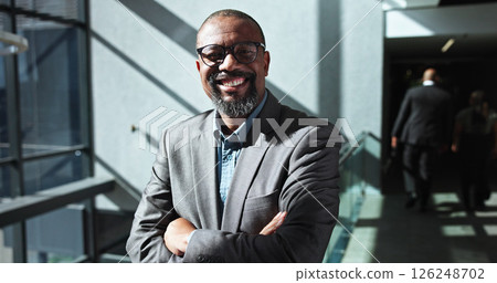Arms crossed, portrait and business black man in office for conference, keynote speaker and confidence. Capital venture, investor expo and happy with person of seminar for B2B and account advisor 126248702