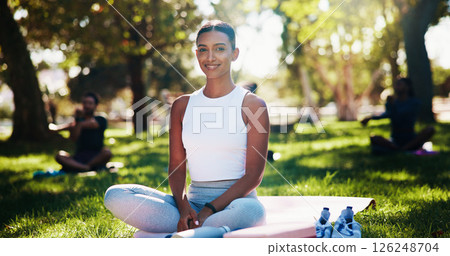 Portrait, smile and yoga with woman at park in summer for exercise, holistic or wellness routine. Fitness, pilates and relax with happy Indian person outdoor in nature for awareness or mindfulness Portrait, smile and yoga with woman at park in summer for exercise, holistic or wellness routine. Fitness, pilates and relax with happy Indian person outdoor in nature for awareness or mindfulness 126248704