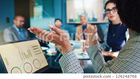 Meeting, laptop screen and business people with graph in office for financial analytics, budget review and investment. Teamwork, corporate and men with women for finance report, strategy and planning 126248708