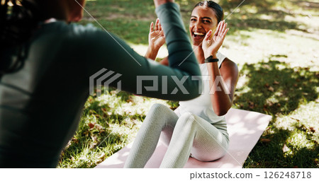 High five, outdoor and women with fitness, smile and support with exercise goals. People, hand gesture and friends in park, nature and sunshine with motivation, wellness and healthy with workout High five, outdoor and women with fitness, smile and support with exercise goals. People, hand gesture and friends in park, nature and sunshine with motivation, wellness and healthy with workout 126248718