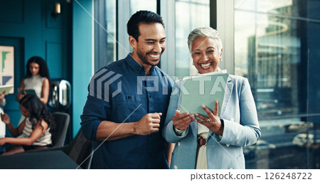 Collaboration, colleagues and people with tablet, office and smile for marketing strategy or online. Business, man and woman with tech for campaign, team and happy for info on website and discussion Collaboration, colleagues and people with tablet, office and smile for marketing strategy or online. Business, man and woman with tech for campaign, team and happy for info on website and discussion 126248722