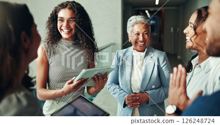 Tablet, laughing and discussion with business people in office for consulting, feedback and project planning. Collaboration, investor report and account with employees in lobby for budget review Tablet, laughing and discussion with business people in office for consulting, feedback and project planning. Collaboration, investor report and account with employees in lobby for budget review 126248724