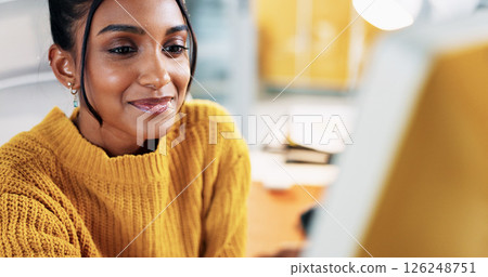 Blog, computer and smile with business woman in office for creative newsletter, publication or planning. Email marketing, subscription campaign and copywriting editor with person in startup agency 126248751