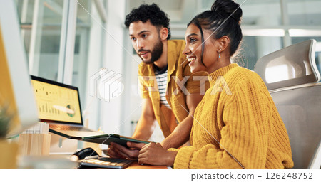 Computer, stock market and business people in office, tablet and screen with profit growth. Trading, man and woman with tech, professional broker and investors with discussion and financial success 126248752