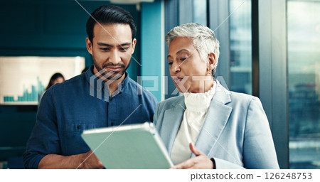 Talking, charts or business people on tablet in meeting for research, forecasting or accounting data. Financial growth, finance analysts or news update for budget report, economy or review investment Talking, charts or business people on tablet in meeting for research, forecasting or accounting data. Financial growth, finance analysts or news update for budget report, economy or review investment 126248753