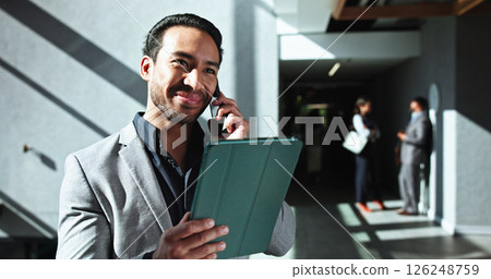 Thinking, tablet and businessman with phone call for networking, asset management and financial advice. Portfolio manager, smile and negotiation in lobby for investment, loan deal or private equity Thinking, tablet and businessman with phone call for networking, asset management and financial advice. Portfolio manager, smile and negotiation in lobby for investment, loan deal or private equity 126248759