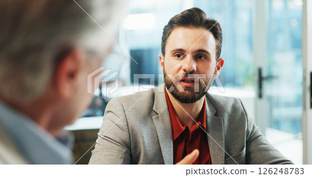 Collaboration, conversation and meeting with business men in office together for discussion or planning. Corporate, feedback and teamwork with employee people at work for professional development 126248783