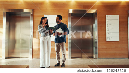 Tablet, team and discussion with business people in office for consulting, feedback and project planning. Collaboration, investor report and account update with employees in lobby for budget review 126248826