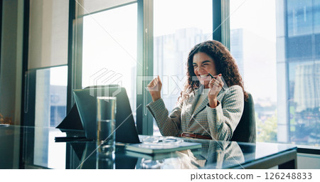 Happy woman, laptop and winning with fist pump at office for increase, investment or profit. Excited, female person or employee with smile on computer for good news, promotion or bonus at workplace Happy woman, laptop and winning with fist pump at office for increase, investment or profit. Excited, female person or employee with smile on computer for good news, promotion or bonus at workplace 126248833