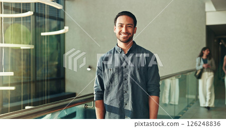 Happy, business and man with portrait in lobby for career pride, about us and financial conference. Smile, male person and consultant with ambition, corporate event and finance opportunity at venture 126248836