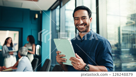 Tablet, portrait and happy businessman in office for financial research, investment consultant and email for analysis. Digital technology, smile and professional employee in workplace for coworking 126248879