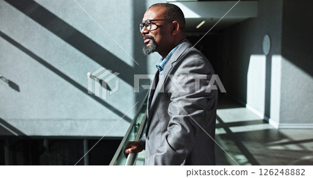 Glasses, thinking and business black man in office for conference, keynote speaker and reflection. Capital venture, investor expo and future with person of seminar for vision and account advisor Glasses, thinking and business black man in office for conference, keynote speaker and reflection. Capital venture, investor expo and future with person of seminar for vision and account advisor 126248882