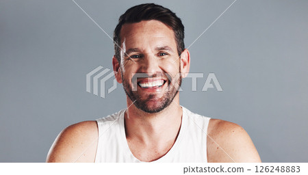 Space, portrait and happy man with beauty in studio for anti aging, dermatology or collagen mockup. Results, wrinkle treatment or confident mature person on grey background for cosmetics or skincare Space, portrait and happy man with beauty in studio for anti aging, dermatology or collagen mockup. Results, wrinkle treatment or confident mature person on grey background for cosmetics or skincare 126248883