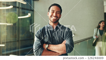 Portrait, arms crossed or businessman with smile in lobby for career, about us or financial conference. Happy, hallway or proud finance advisor in office with ambition, corporate event or opportunity 126248889