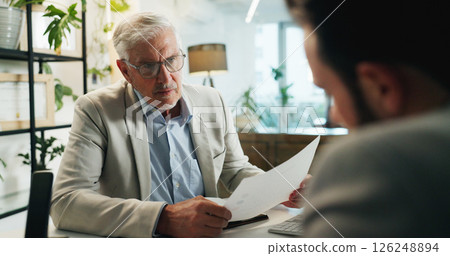 Businessman, executive and meeting with documents for corporate proposal, budget or investment at office. Man, CEO or financial advisor talking to client with paperwork for company funding or finance 126248894