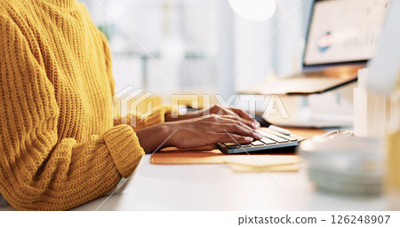 Woman, hands and computer for creative, research or newsletter feedback at office desk. Person, writer or editor with message for copywriting website, social media or email for online news business Woman, hands and computer for creative, research or newsletter feedback at office desk. Person, writer or editor with message for copywriting website, social media or email for online news business 126248907