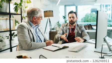 Business people, meeting and discussion with documents for finance, corporate budget or planning at office. Men, employees or colleagues with idea or proposal for company development or negotiation 126248911
