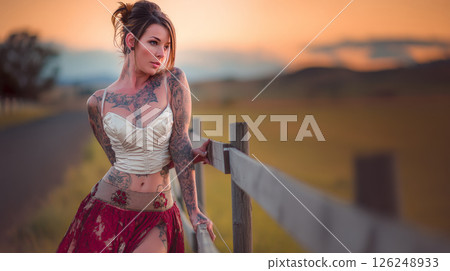 An award-winning photographic masterpiece capturing the radiant beauty of a woman adorned with intricate body tattoos, showcasing her graceful feminine curves. Generative AI 126248933