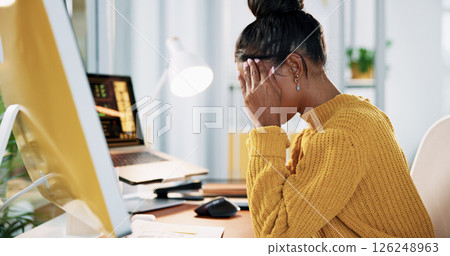 Creative, computer and woman with headache in office for bad client feedback, internet glitch and overwhelmed. Web designer, person and tension migraine for website testing fail, stress and disaster Creative, computer and woman with headache in office for bad client feedback, internet glitch and overwhelmed. Web designer, person and tension migraine for website testing fail, stress and disaster 126248963
