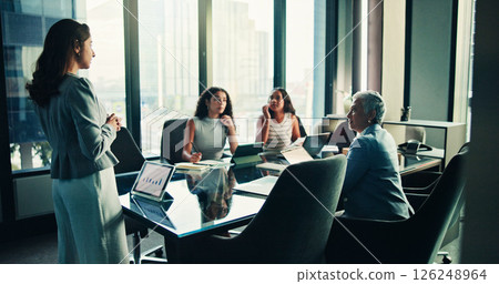 Meeting, planning and tablet with business woman in office for consulting, presentation or chart feedback. Portfolio, investor report and account update with person for team, discussion and solution Meeting, planning and tablet with business woman in office for consulting, presentation or chart feedback. Portfolio, investor report and account update with person for team, discussion and solution 126248964