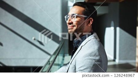 Smile, thinking and business man in office for conference, keynote speaker and reflection. Capital venture, investor expo and future with person in lobby of seminar for vision and account advisor 126248967