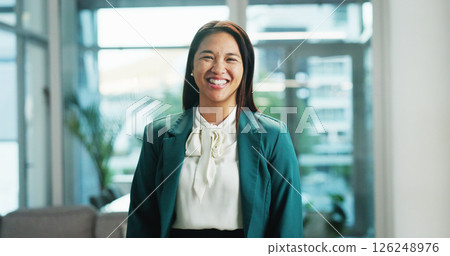 Portrait, business and woman in workplace, funny and corporate professional with career ambition. Face, happy person or economy specialist in office, confidence and pride with smile, joke or humor 126248976