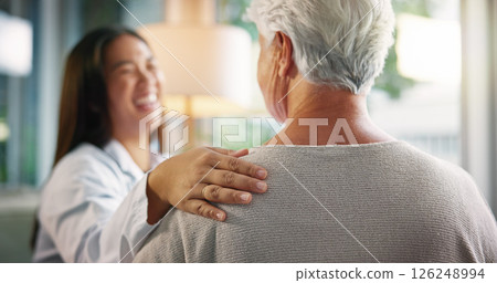 Happy woman, doctor and support with elderly patient for healthcare service, advice or checkup at hospital. Female person, medical worker or smile with senior client for comfort or help at clinic 126248994