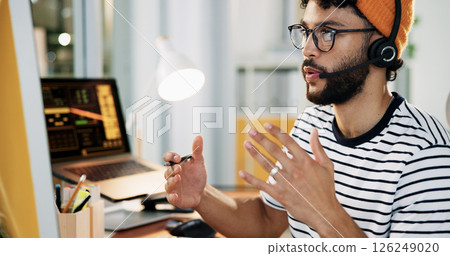 Computer, agent and man with headset, talking and customer service for order on website and call center. Communication, representative and person with tech for info, online and consultation for sales Computer, agent and man with headset, talking and customer service for order on website and call center. Communication, representative and person with tech for info, online and consultation for sales 126249020