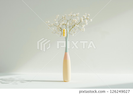 A pastel-colored toothbrush with dried white flowers, emphasizing simplicity, hygiene, and elegance. 126249027