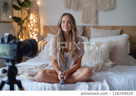 A relaxed young woman sits on a comfortable bed holding a camera device, set in a cozy and well-decorated bedroom with soft lighting. Ideal for influencer and lifestyle themes. A relaxed young woman sits on a comfortable bed holding a camera device, set in a cozy and well-decorated bedroom with soft lighting. Ideal for influencer and lifestyle themes. 126249029