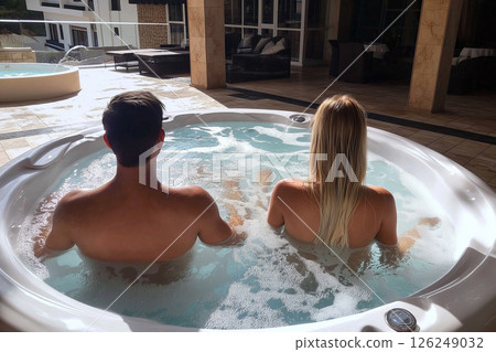 A man and woman seated in an outdoor hot tub enjoying a relaxing moment amidst luxurious surroundings. Warm steam rises from the water, creating an atmosphere of tranquility, comfort, and connection. 126249032