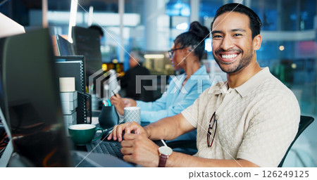 Office, businessman and portrait with computer for coding, web development and smile with deadline. Coworking, night and male programmer with digital for programming, software update or information 126249125