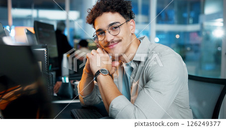 Office, businessman and portrait with computer for programming, web development deadline or smile. Professional career, night and male programmer with tech for coding, software update and information Office, businessman and portrait with computer for programming, web development deadline or smile. Professional career, night and male programmer with tech for coding, software update and information 126249377